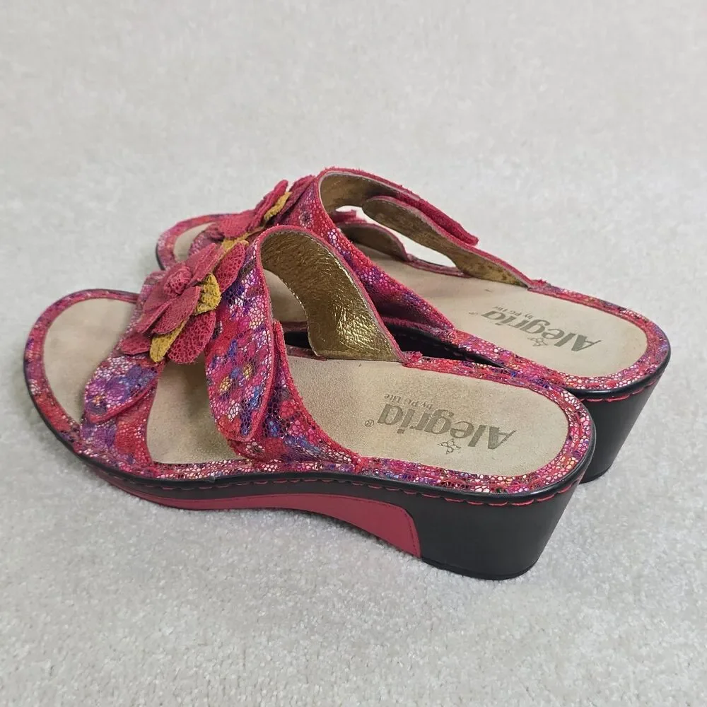 Alegria Lana  Red Leather Wedge Platform Sandals Flower Women's Size 37